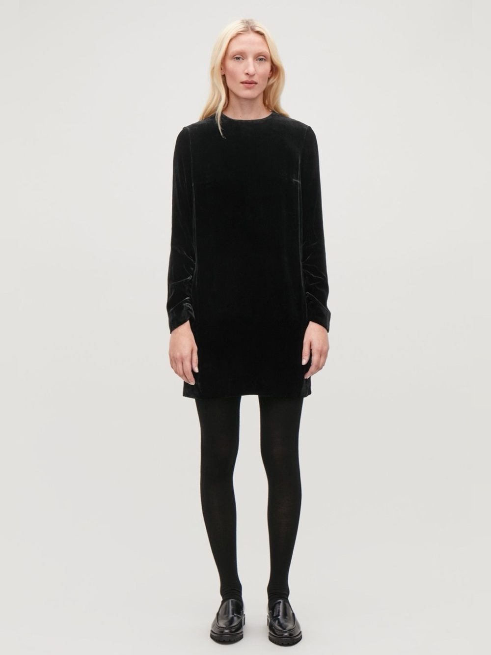 COS - Black Velvet Long-Sleeve Mini Shift Cocktail Dress US Size 4